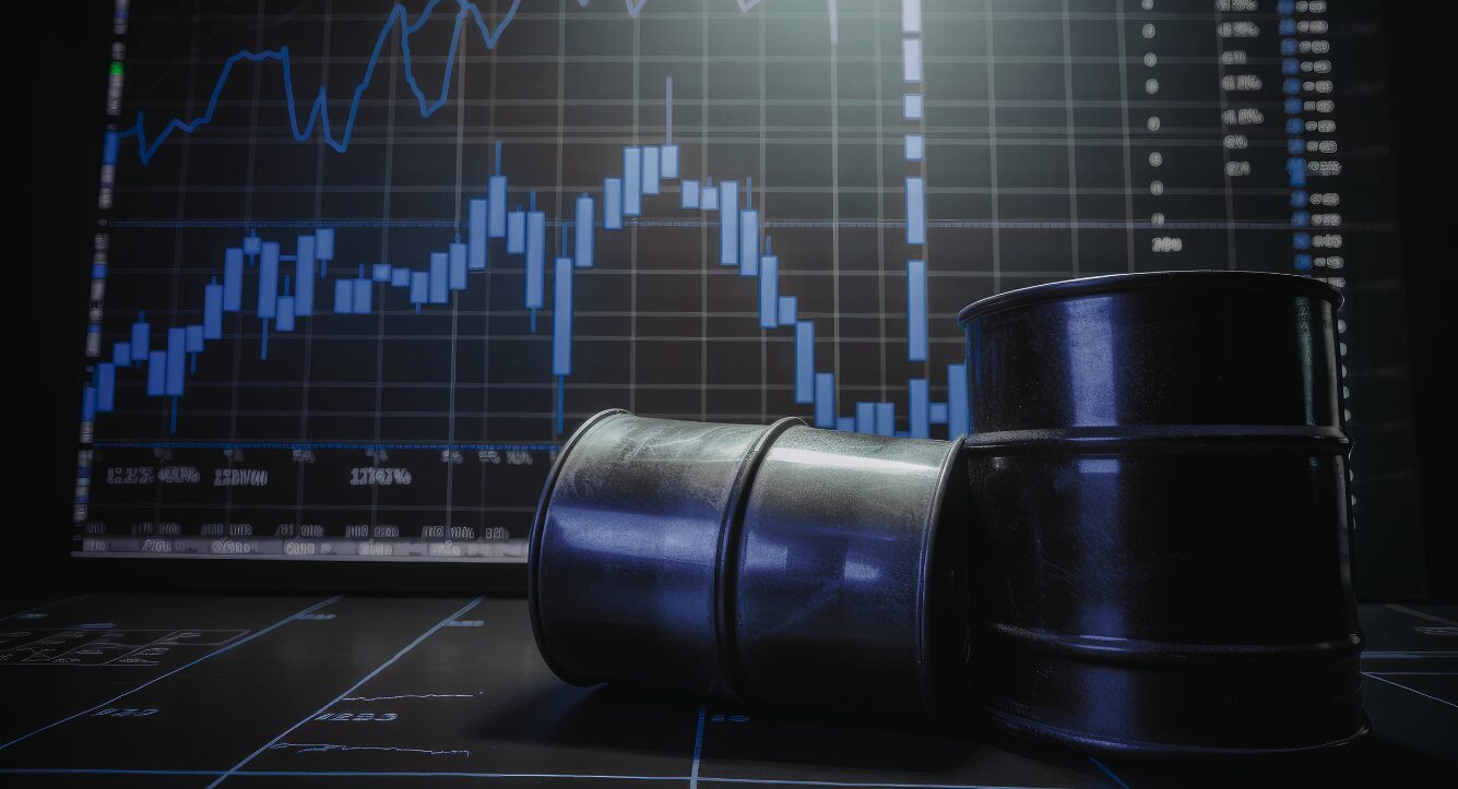 a graph showing rising inflation with two oil drums in front.
